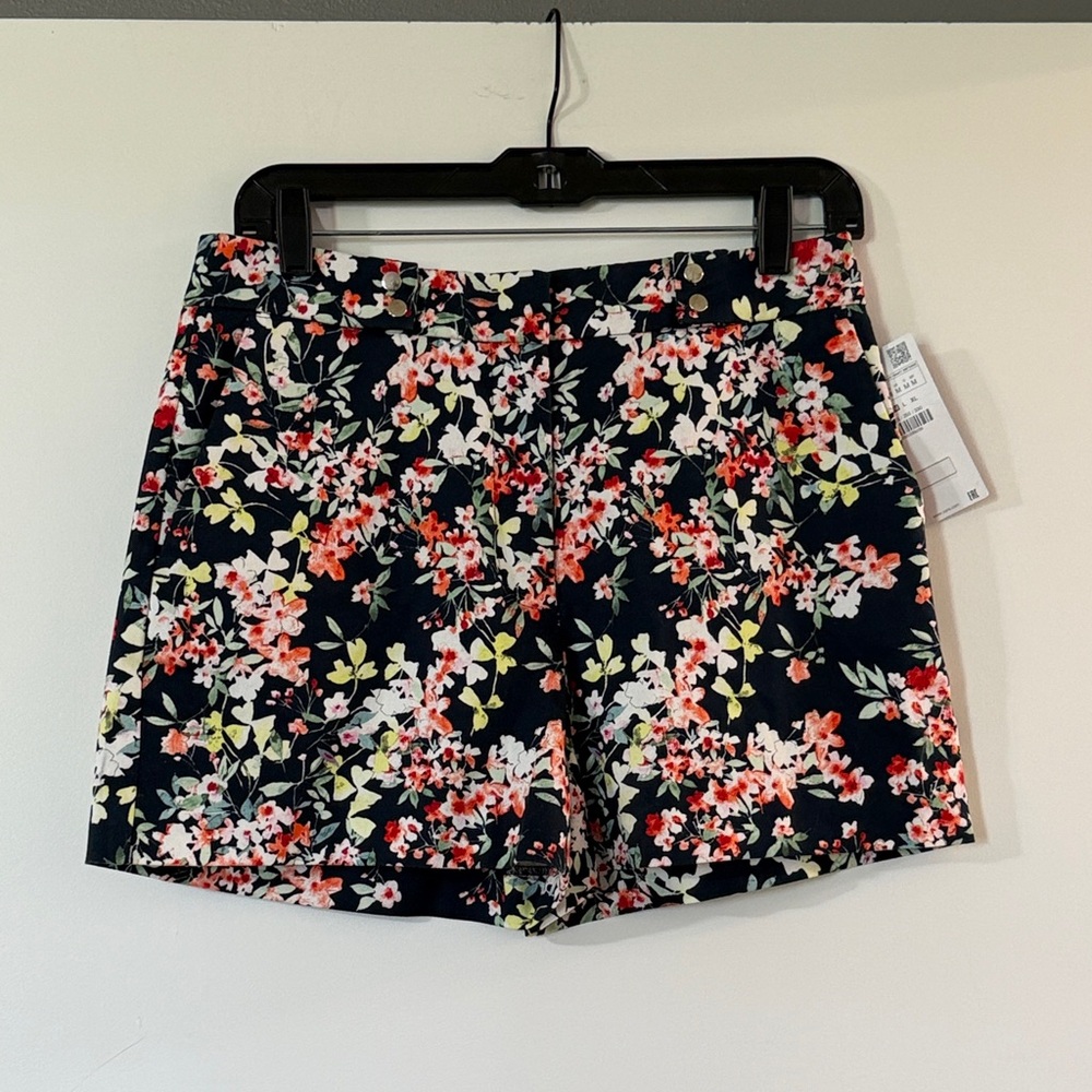 Zara Navy Floral Bermuda Shorts with Coral, Cream & Green Accents